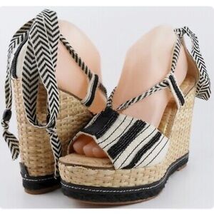 Striped Black and White Wedge Sandals